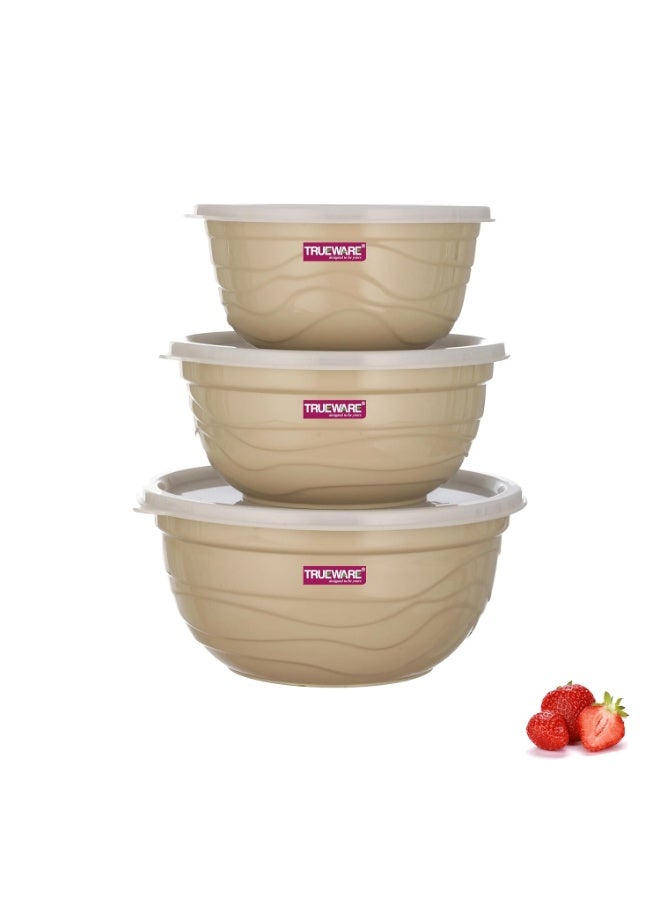 Trueware Microwave Safe Bowl |1 Year Warranty | Bowl Sets, Bowl, Serving Bowl with lid |1000,1400,2000 ml | Florra Stainless Steel Serving Bowls, Microwave Bowl | Mixing Bowl Set of 3 with Lid- Cream - Image 1
