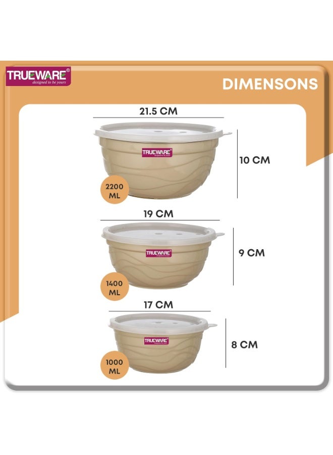 Trueware Microwave Safe Bowl |1 Year Warranty | Bowl Sets, Bowl, Serving Bowl with lid |1000,1400,2000 ml | Florra Stainless Steel Serving Bowls, Microwave Bowl | Mixing Bowl Set of 3 with Lid- Cream - Image 2
