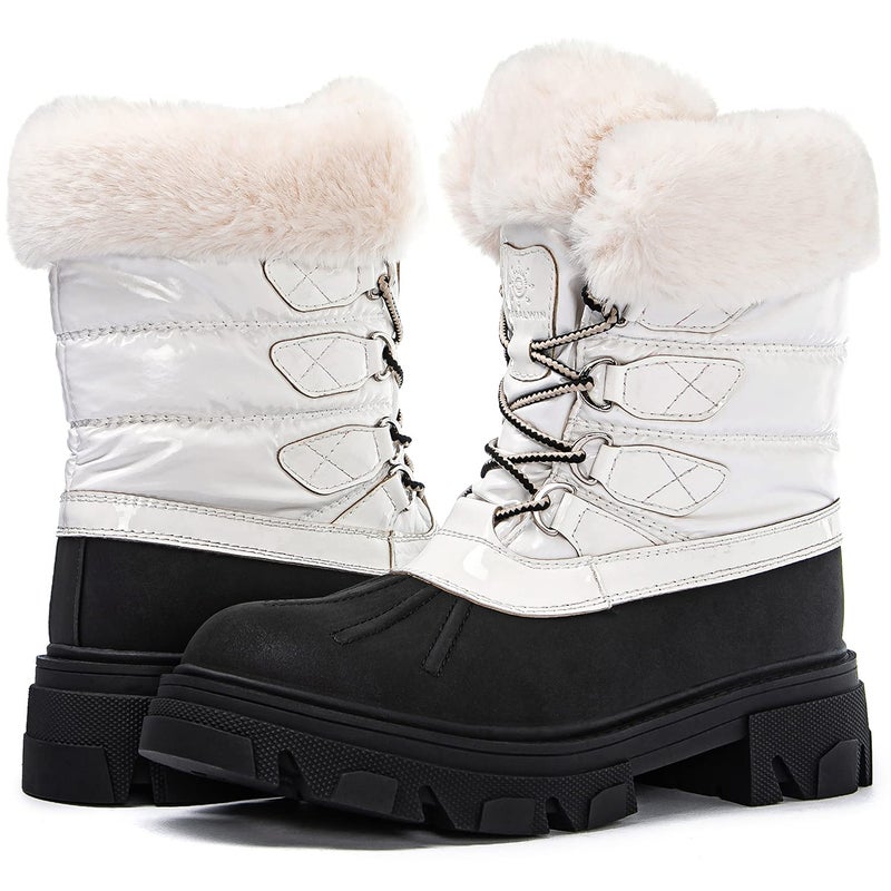 GLOBALWIN Snow Boots for Women Comfortable Winter Boots For Women Waterproof Fluffy Faux Fur White Ankle Booties Water-Resistant Short Boots For Women Warm Fur Boots, Lace-Up Outdoor Shoes 8M - Image 2