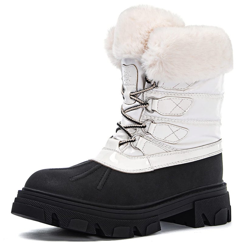 GLOBALWIN Snow Boots for Women Comfortable Winter Boots For Women Waterproof Fluffy Faux Fur White Ankle Booties Water-Resistant Short Boots For Women Warm Fur Boots, Lace-Up Outdoor Shoes 8M - Image 1