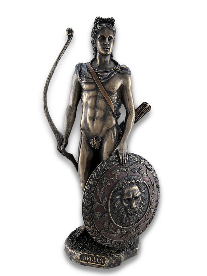 GREEK AND ROMAN GOD APOLLO WITH LION HEAD SHIELD AND GOLDEN BOW BRONZE FINISHED RESIN STATUE 115 INCHES HIGH AMAZING DETAIL HAND PAINTED ACCENTS
