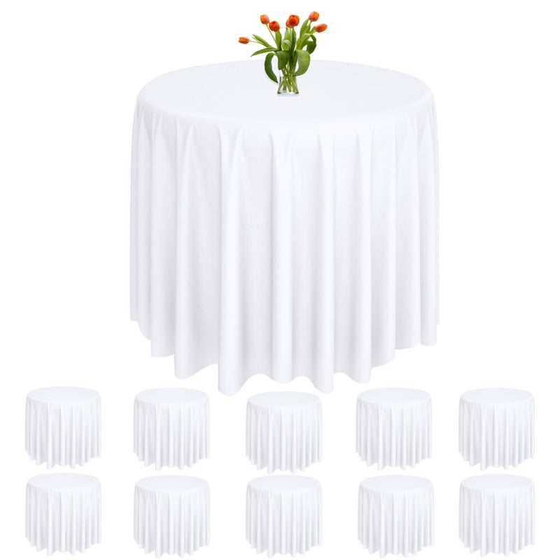 Rainmae 10 Pack Plastic Round Tablecloths 84 inch Circle Table Covers White Party Table Covers PEVA Water Resistant Table Cloths for WeddingBanquetPartiesBirthdaysPicnic