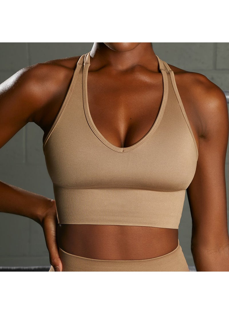 Generic - Winter New Seamless Yoga Suit Back Beauty Sports Fitness Wear European American Style Booty Lifting Pants Yoga Set Combination HH bra-khaki - Image 1