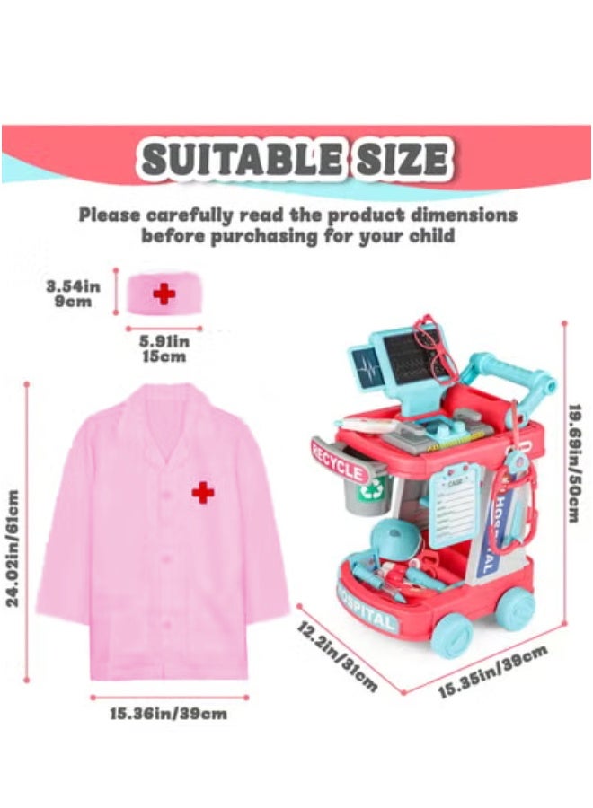 XiuWoo Doctor Cart Kit for Kids Toy Pretend Playset with Doctor Costume Stethoscope and Medical Instruments Role Play Mobile Medical Station Set for Toddlers Girls Boys Age 3-6, Pink - Image 3