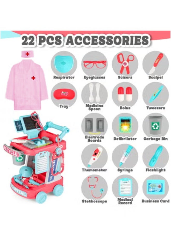 XiuWoo Doctor Cart Kit for Kids Toy Pretend Playset with Doctor Costume Stethoscope and Medical Instruments Role Play Mobile Medical Station Set for Toddlers Girls Boys Age 3-6, Pink - Image 2
