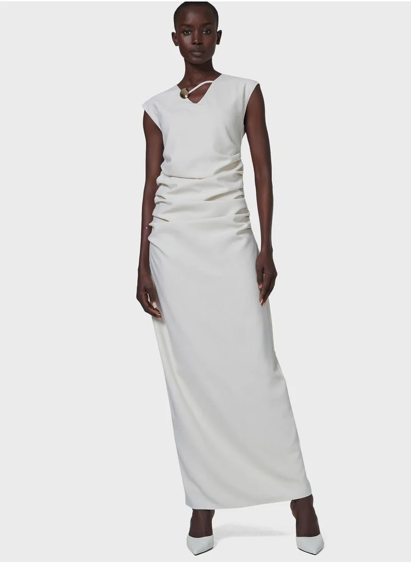 ليم Gathered Neck Trim Dress