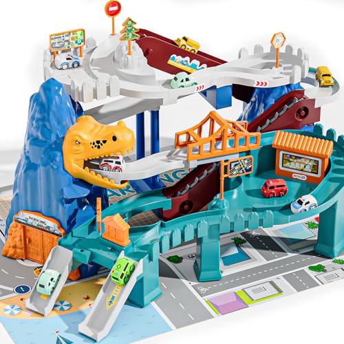 Doloowee Toy Car Ramp Track Dinosaur Climbing Hills 10 Mini Racer Cars Colorful Construction Play Set for Preschool Gifts Kids Ages 3 - Image 1