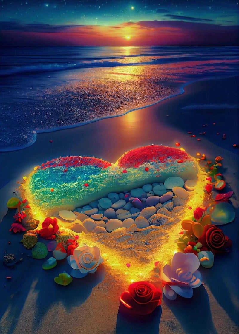 KINPLUB Heart Beach Diamond Painting Kits for Adults 5D Sunset Diamond Art Kits for Beginners DIY Full Drill Seaside Paint with Round Diamond Dots Home Wall Decor 12 x 16 Inch