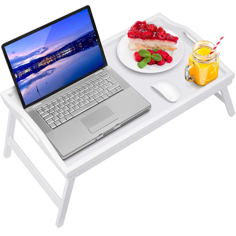 Bed Tray Table Bamboo Breakfast Food Tray with Folding Legs Kitchen Platters Serving Plate for Bed TV Table Desk Laptop ComputerWhite Large