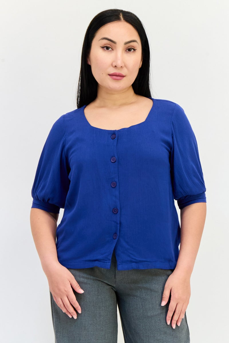ONLY Women Round Neck Short Sleeves Plain Blouse, Blue - Image 1