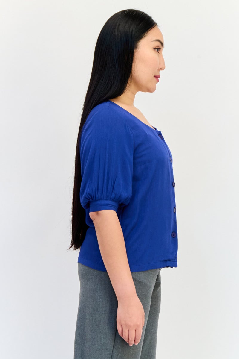 ONLY Women Round Neck Short Sleeves Plain Blouse, Blue - Image 2