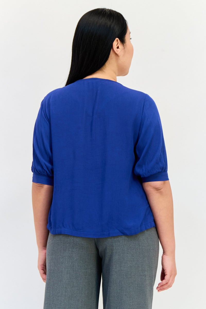 ONLY Women Round Neck Short Sleeves Plain Blouse, Blue - Image 3