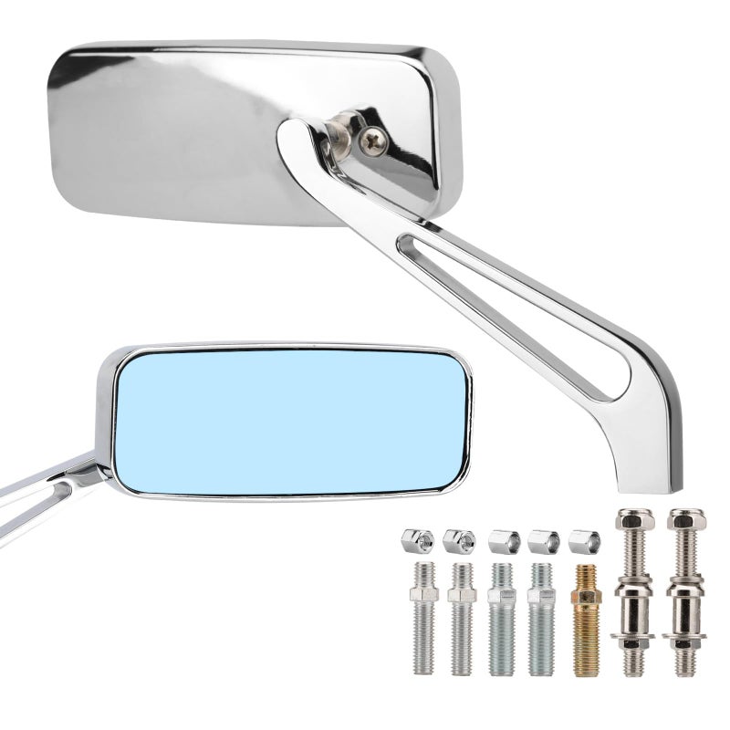 VG MOTO Motorcycle Rectangle Rearview Mirror 8mm 10mm Blue Lens Side Mirrors 360 Degree Chrome Universal Replacement for Harley Softail Touring Sportster Cruiser Street Bike Scooter Chopper