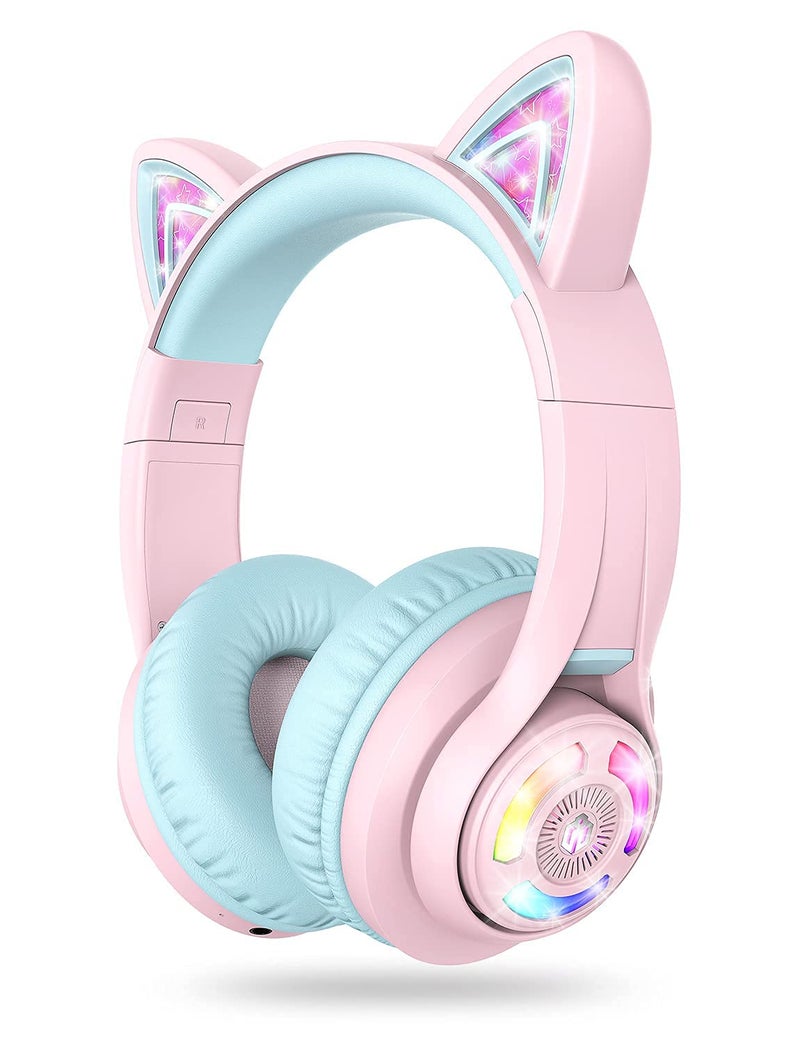 iClever BTH13 Bluetooth Kids Headphones with Mic, Over Ear Headphone Wireless Cat Ear Headphones for Girls Birthday Gift Safe Volume Limited, 45H Playtime Portable Headset for Tablet/PC, Pink - Image 1
