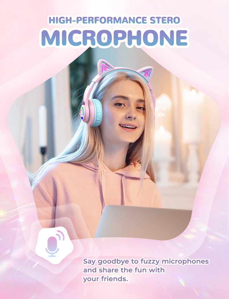 iClever BTH13 Bluetooth Kids Headphones with Mic, Over Ear Headphone Wireless Cat Ear Headphones for Girls Birthday Gift Safe Volume Limited, 45H Playtime Portable Headset for Tablet/PC, Pink - Image 2