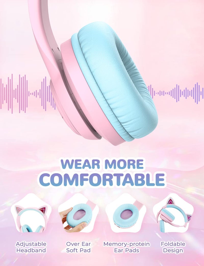 iClever BTH13 Bluetooth Kids Headphones with Mic, Over Ear Headphone Wireless Cat Ear Headphones for Girls Birthday Gift Safe Volume Limited, 45H Playtime Portable Headset for Tablet/PC, Pink - Image 4