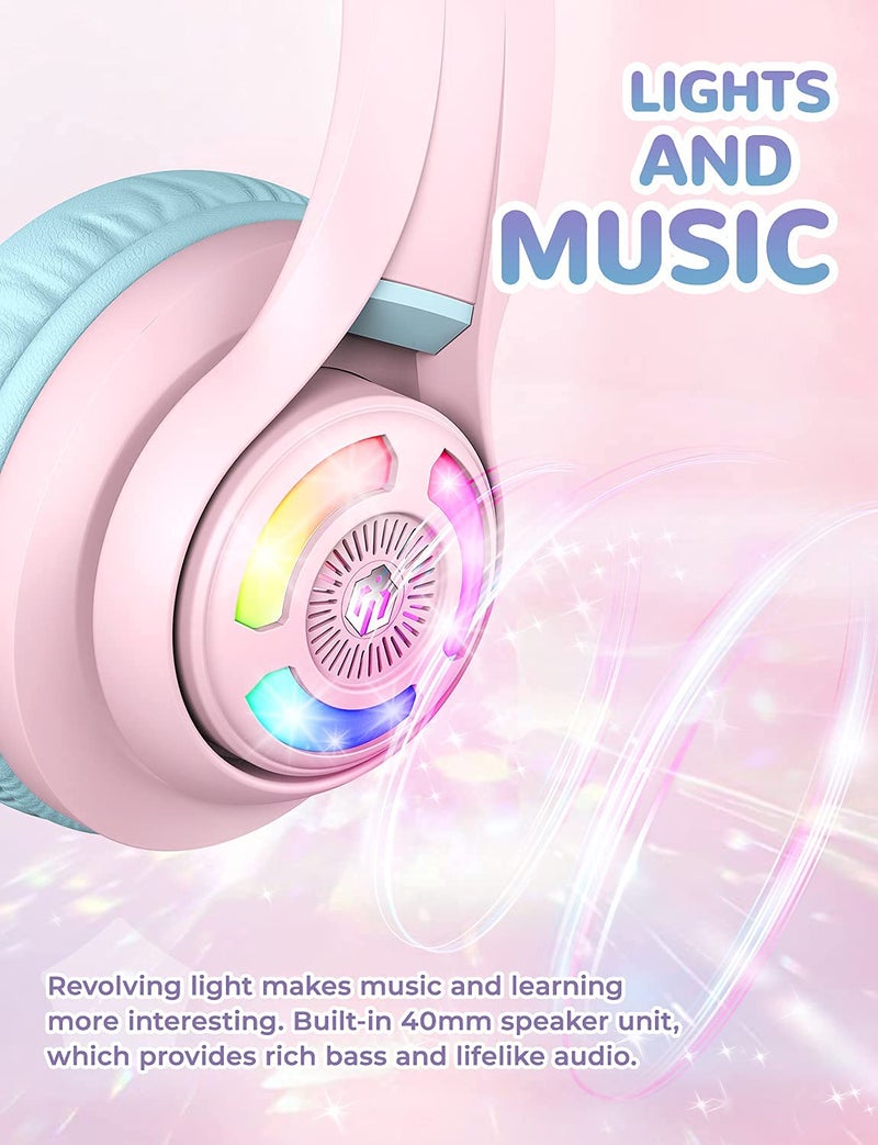 iClever BTH13 Bluetooth Kids Headphones with Mic, Over Ear Headphone Wireless Cat Ear Headphones for Girls Birthday Gift Safe Volume Limited, 45H Playtime Portable Headset for Tablet/PC, Pink - Image 5