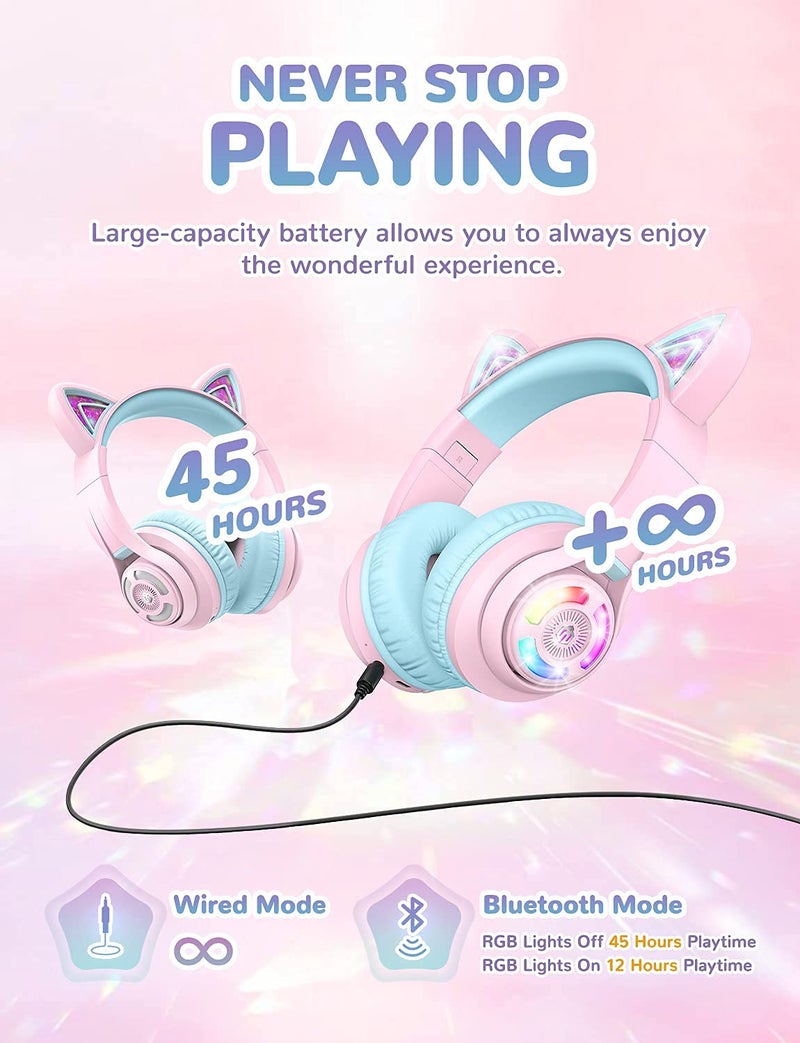 iClever BTH13 Bluetooth Kids Headphones with Mic, Over Ear Headphone Wireless Cat Ear Headphones for Girls Birthday Gift Safe Volume Limited, 45H Playtime Portable Headset for Tablet/PC, Pink - Image 3