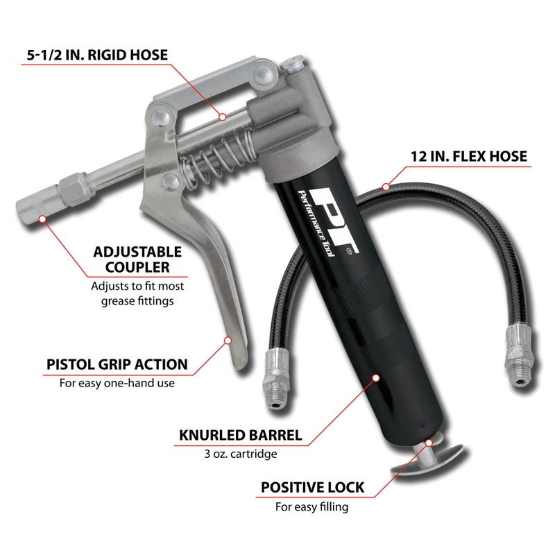Performance Tool W54198 Mini Grease Gun (3 oz) With 12 inch Flexible Hose and 5.5 inch Rigid Extension Pipe. - Image 2