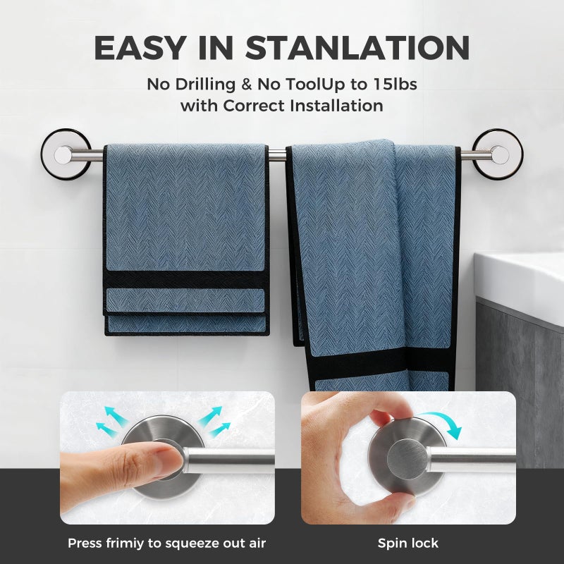 WingWider Adjustable Suction Cup Towel Bar for Bathroom Wall,14.6Inch~24 Inch Towel Racks for Bathroom,Stainless Steel Bath Towel Holder for Shower(Brushed Silver) - Image 3