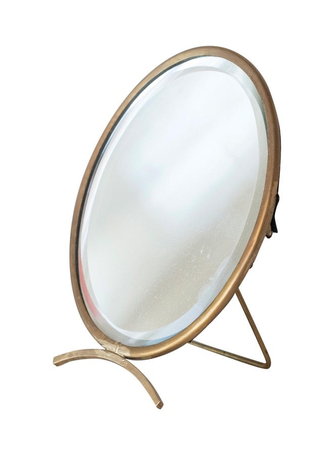 Creative Co-Op Brass Round Mirror On Stand in Antique Finish, Gold - Image 1