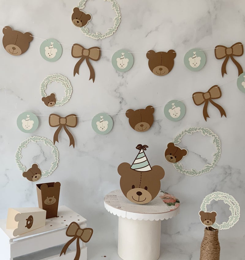 Pinfliers Teddy Bear Theme Paper Bunting, A Set of 20 Pieces, Brown, Cream and Mint, 74 inch in Length - Image 5