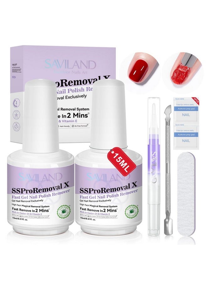 Saviland - SAVILAND Gel Nail Polish Remover Kit: 2-Min Fast SSProRemoval X Gel Polish Remover Castor Oil & VE Gel Remover with Cuticle Oil Pen Pusher Nail File for Builder Acrylic Dip Powder Less-Damaging Salon - Image 1