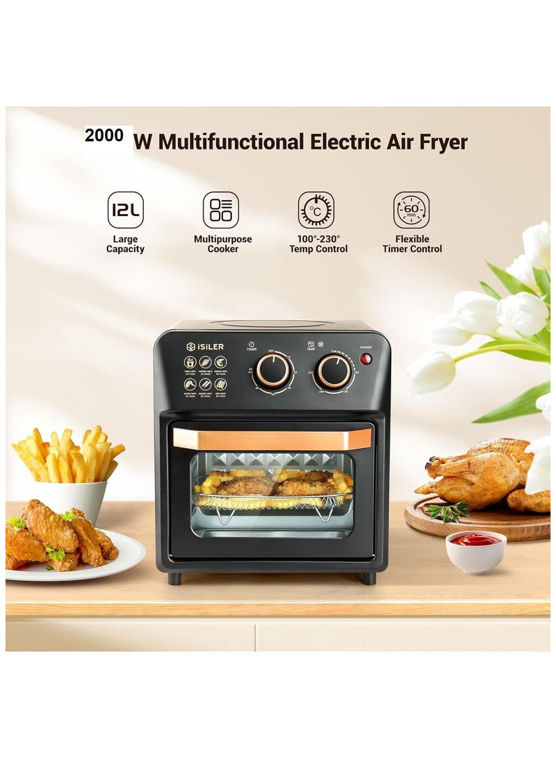 Hoffman's Appliance مقلاة هوائية من هوفمانس 12 لتر ، وشواية محمصة فرن كهربائي، شواية حرارية 12 لتر للمنزل، تقنية دوران 360 درجة، خبز، تحميص، خبز محمص، تذويب، 2000 واط، أسود - Image 2