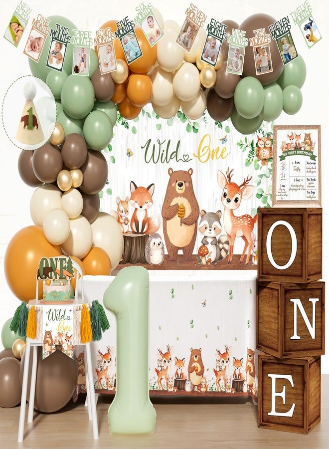 Hombae Woodland 1st Birthday Decorations, 106 PCs - Forest Animal First Birthday Party Supplies with Wild One Backdrop, Balloon Garland, Tablecloth, Cake Topper - Image 1