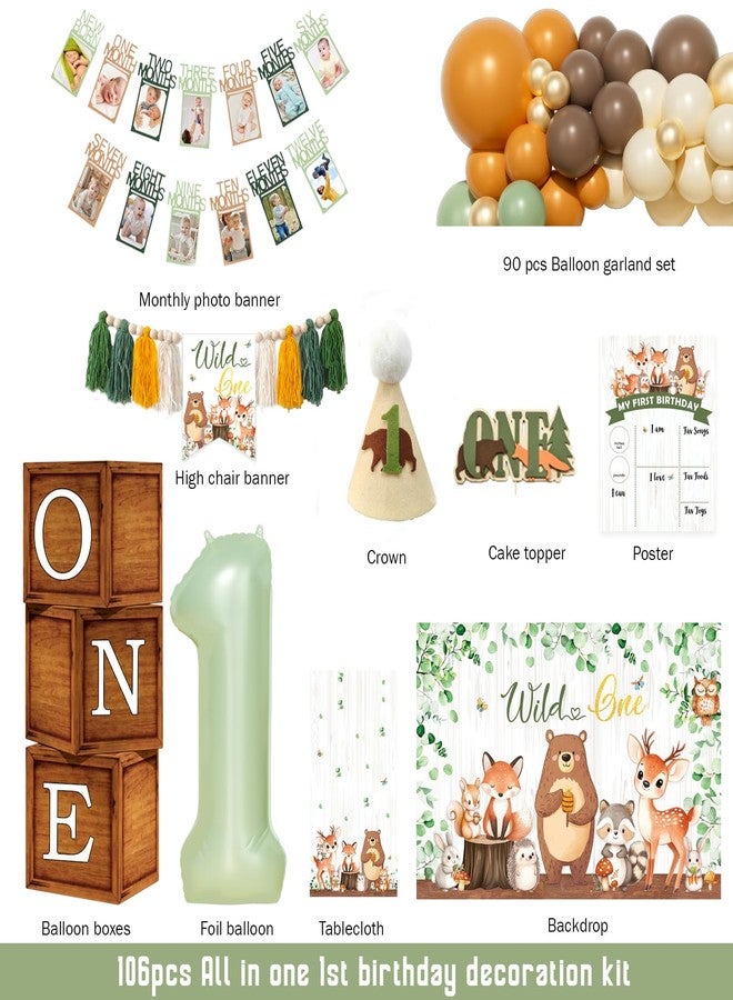 Hombae Woodland 1st Birthday Decorations, 106 PCs - Forest Animal First Birthday Party Supplies with Wild One Backdrop, Balloon Garland, Tablecloth, Cake Topper - Image 2