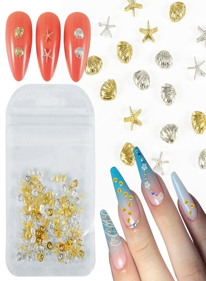 DANNEASY 160pcs 3D Nail Charms Gold and Silver Starfish Shell Nail Studs Rivets Summer Charms for Nails Metallic Ocean Jewelry Manicure Kit Nail Decoration for DIY Craft Accessories - Image 1