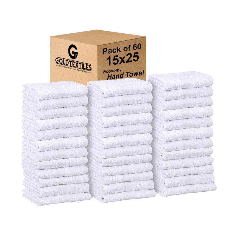 GOLD TEXTILES Bulk Pack 60 Pcs (5 Dozen) White Economy 15x25 Inches Basic Hand Towel - 2.25 lb/dz - Image 1