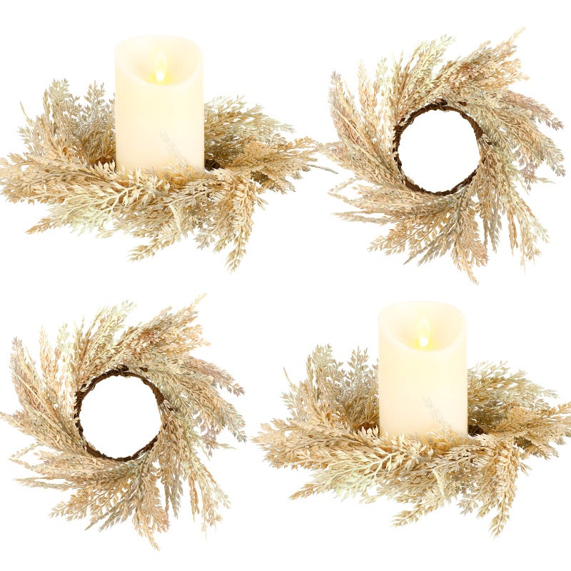 Panelee Panelee 4 Pcs Pampas Grass Candle Rings Wreath Faux Pampas Grass Candleholders 39 Inch Small Boho Wreath Artificial Greenery Candle Rings for Wedding Home Decor Fall Tabletop Farmhouse Decor 