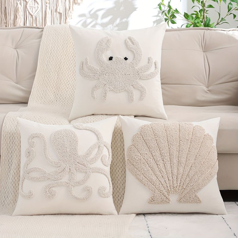 1 Pack 18x18 Inch Summer Decor Throw Pillow Cover Beige Crab Ring Velvet Octopus Embroidery With Zip Closure Polyester Fabric Hand Wash Only - Image 1