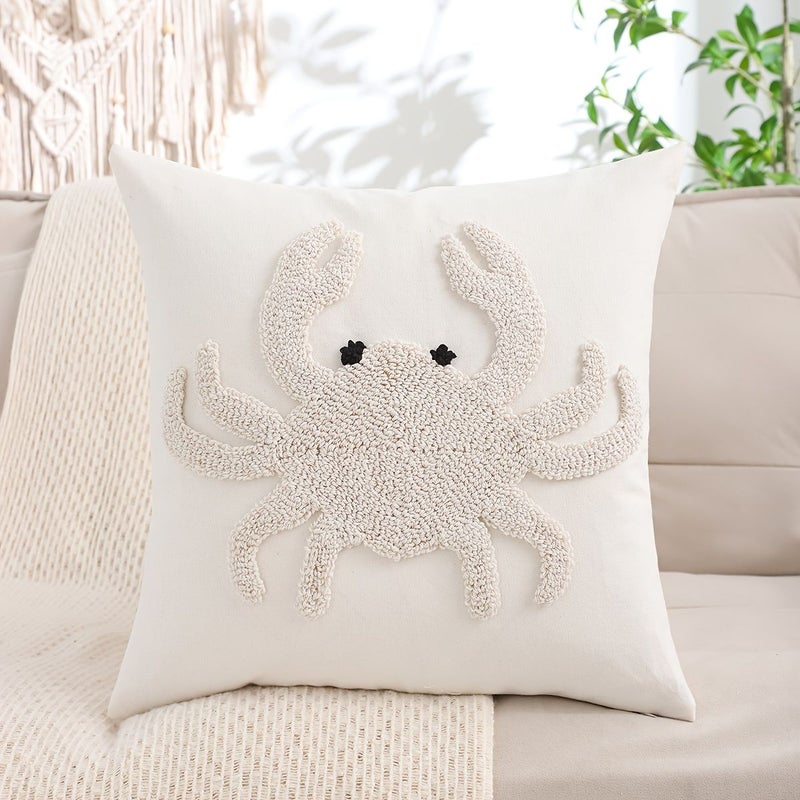 1 Pack 18x18 Inch Summer Decor Throw Pillow Cover Beige Crab Ring Velvet Octopus Embroidery With Zip Closure Polyester Fabric Hand Wash Only - Image 2
