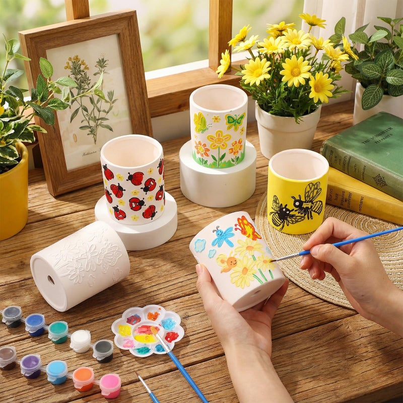 Zubebe 12 Pcs Spring Paint Your Own Insect Ceramic Pots Bulk Unfinished Succulent Pots Painting Kit with Drainage Hole Mini Paintable Plant Vase Ready to Paint Planter for Spring Garden DIY Craft - Image 4