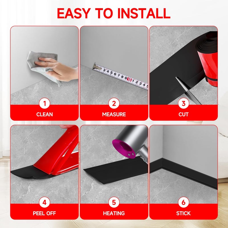 YYGCL Flexible Baseboard Molding Trim 3 Inch(W) x 20 Feet(L) Self Adhesive Vinyl Wall Base Peel and Stick Cove Base,Rubber Wall Base. (Black) - Image 2