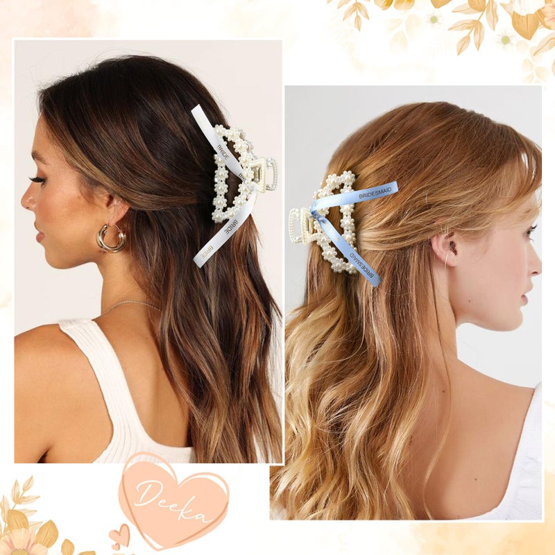 DEEKA Bridesmaid Proposal Gifts 8 Pack Pearl Bridesmaid Hair Claw Clips with Ribbon 3 Inch Hair Clips Bachelorette Party Favors Bridal Party Present Hair Accessories (Half Circle White&Blue) - Image 5