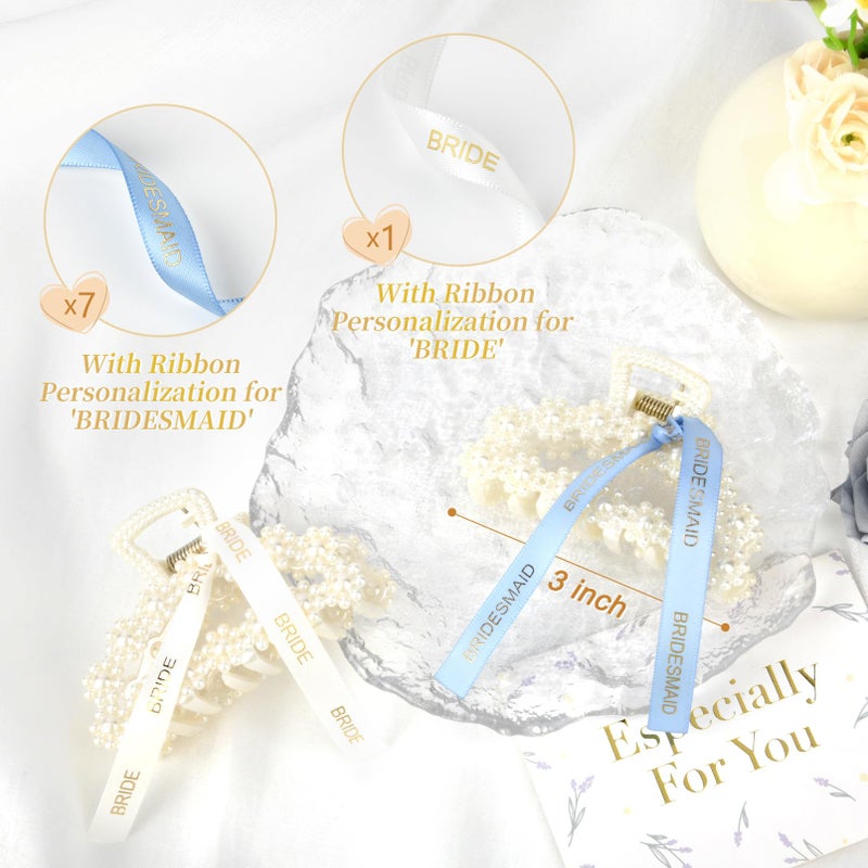 DEEKA Bridesmaid Proposal Gifts 8 Pack Pearl Bridesmaid Hair Claw Clips with Ribbon 3 Inch Hair Clips Bachelorette Party Favors Bridal Party Present Hair Accessories (Half Circle White&Blue) - Image 2