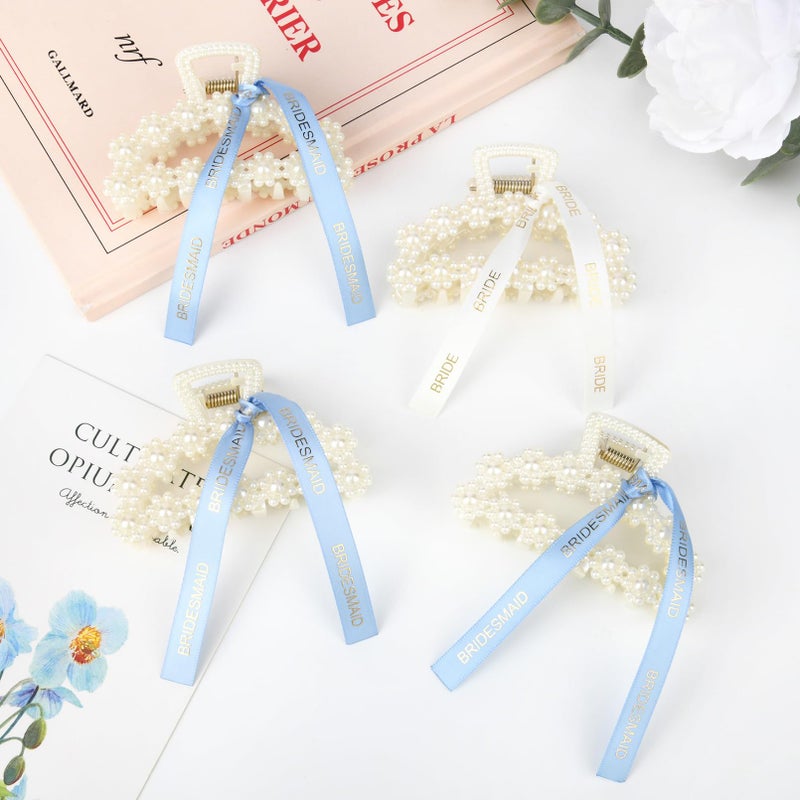 DEEKA Bridesmaid Proposal Gifts 8 Pack Pearl Bridesmaid Hair Claw Clips with Ribbon 3 Inch Hair Clips Bachelorette Party Favors Bridal Party Present Hair Accessories (Half Circle White&Blue) - Image 4