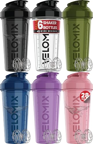VELOMIX -6 PACK- 28 oz Protein Shaker Bottle for Protein Mixes -6x Wire Whisk | Leak Proof Shaker Cups for Protein Shakes | Large, Stackable Protein Shaker Bottle Pack - Image 1