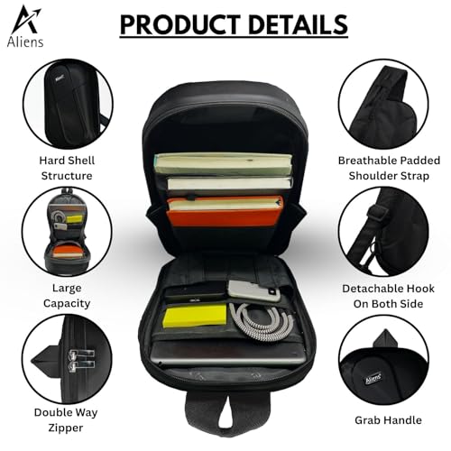 Aliens ABS Hard Shell Sling Bag | 180° Open Crossbody & One Side Shoulder Bag for Mens & Women, Office, Travel & Everyday Mini Backpack for iPad, Tablet, Smartphone,Charger,Headphone,HDD,Camera–Black - Image 2