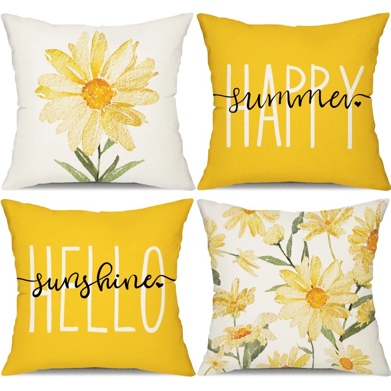 DFXSZ Summer Pillow Covers 18x18 Set of 4 Watercolor Daisy Throw Pillow Covers Hello Sunshine Summer Yellow Outdoor Dcor Cushion Case Decoration for Home Couch Chair Sofa