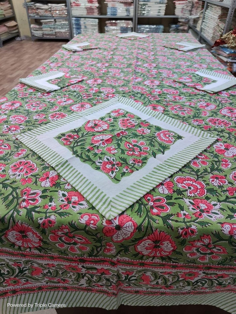 AIVIK Cotton Jaipuri Hand Block Printed Rectangular Dining Table Cover Table Cloth for 6 to 8 Seater with 6 PC Napkins for 6 Seater 90 inch X 60 inch Green Base with jaal Print