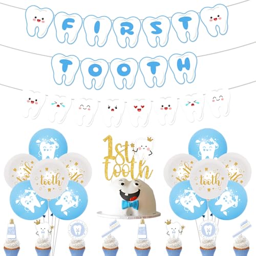 Merrystorm زينة حفلة أول سن زينة حفلة بموضوع الأسنان زينة لافتة أول سن لافتة موضوع الأسنان زينة كعكة وقبعات كعكة للأولاد زينة حفلة أول سن - Image 1