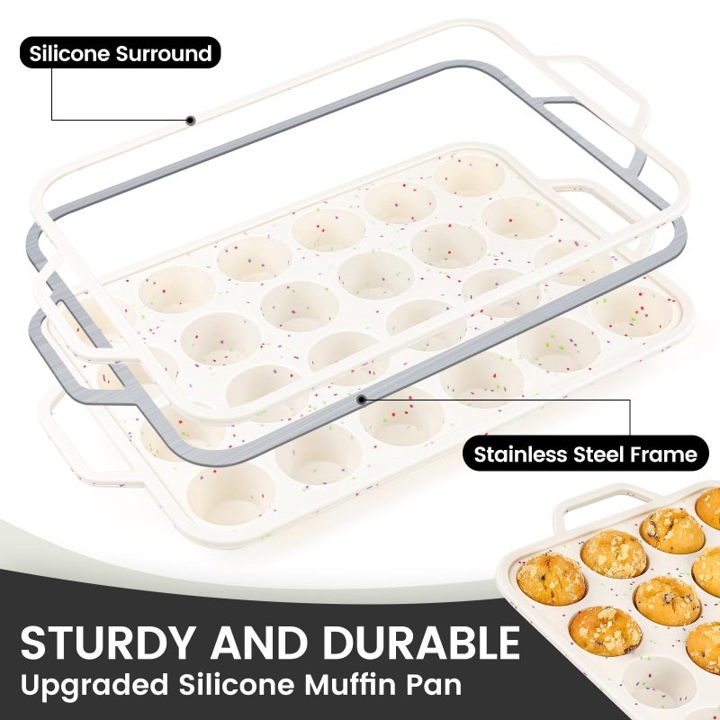 Vinino Mini Muffin Pan with Metal Reinforced Frame-1Pack, Silicone Cupcake Pan for Baking 24 Cup Mini Size, BPA Free Silicone Muffin Tray, Cupcake Baking Pan Molds for Oven Dishwasher Safe-Cream - Image 2