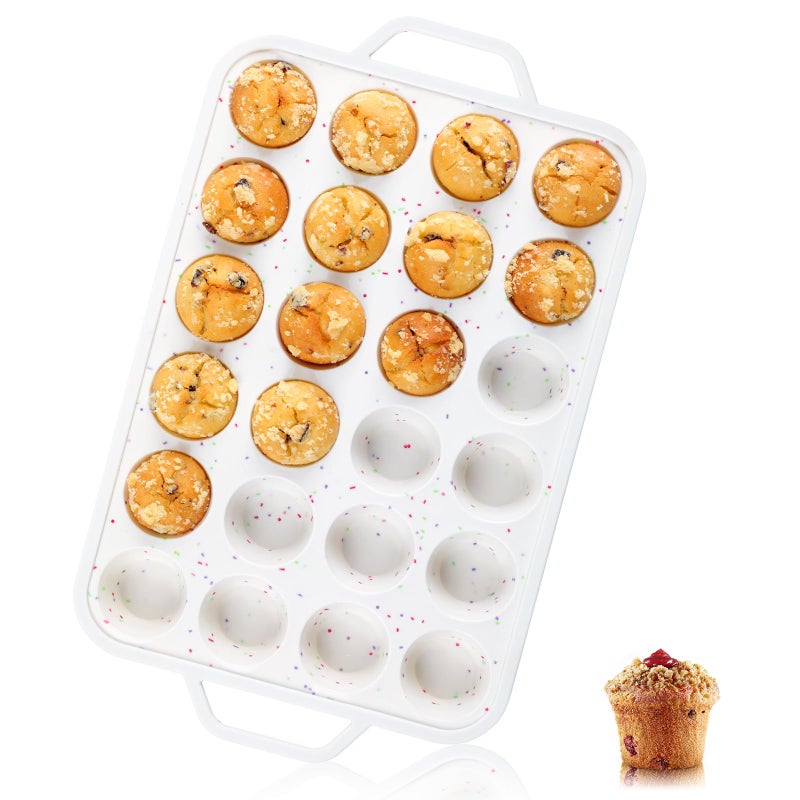 Vinino Mini Muffin Pan with Metal Reinforced Frame-1Pack, Silicone Cupcake Pan for Baking 24 Cup Mini Size, BPA Free Silicone Muffin Tray, Cupcake Baking Pan Molds for Oven Dishwasher Safe-Cream - Image 1