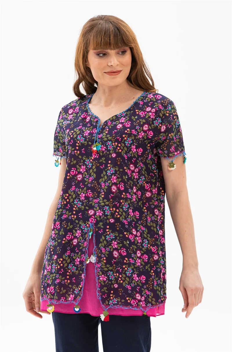 اكبينيز Short Sleeve Ceyda Voile Blouse Dark Purple 6169