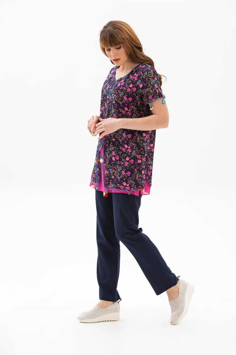 اكبينيز Short Sleeve Ceyda Voile Blouse Dark Purple 6169