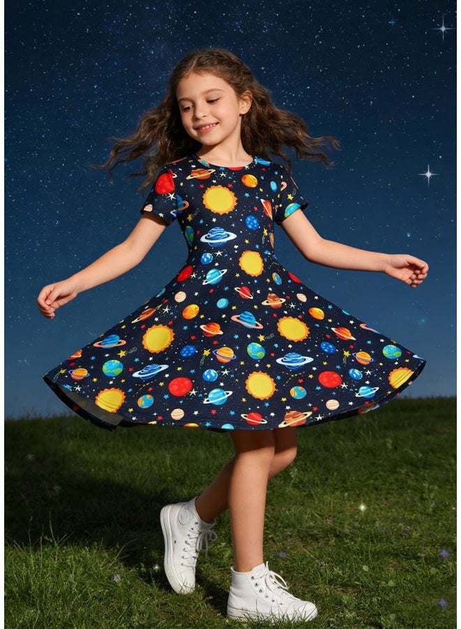 RAISEVERN Little Girls Dress Space Galaxy Planet Casual Sundress Short Sleeve Kids Swing Twirly Midi Summer Dresses Size 7 - Image 4